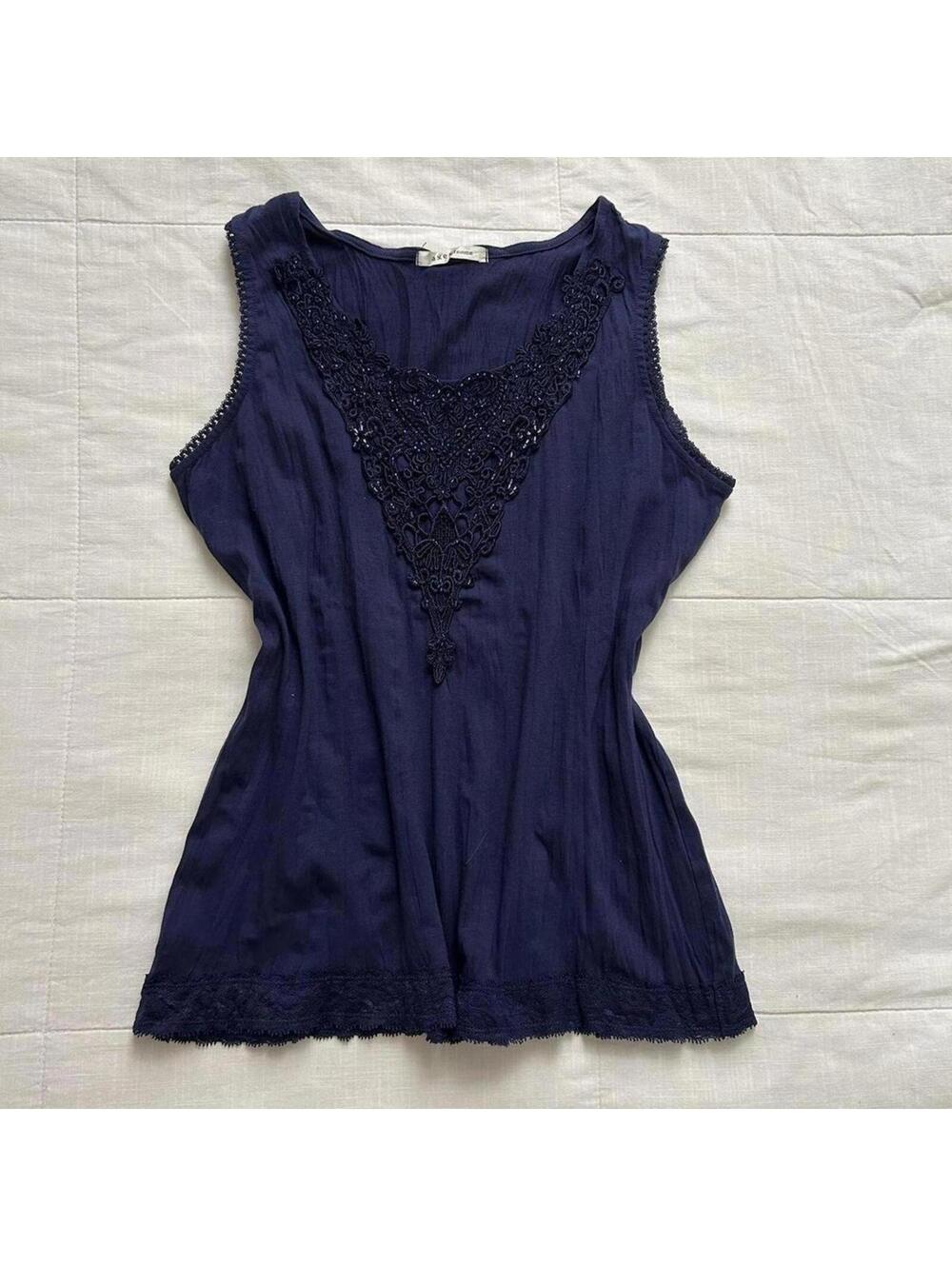 Axes Femme Navy Blue Lace Bib Beaded Tank Top Fairy Layering Medium